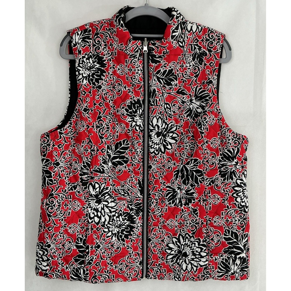 Women's Reversible Vest Sleeveless Medium/Large Black Red Floral Print Quilted